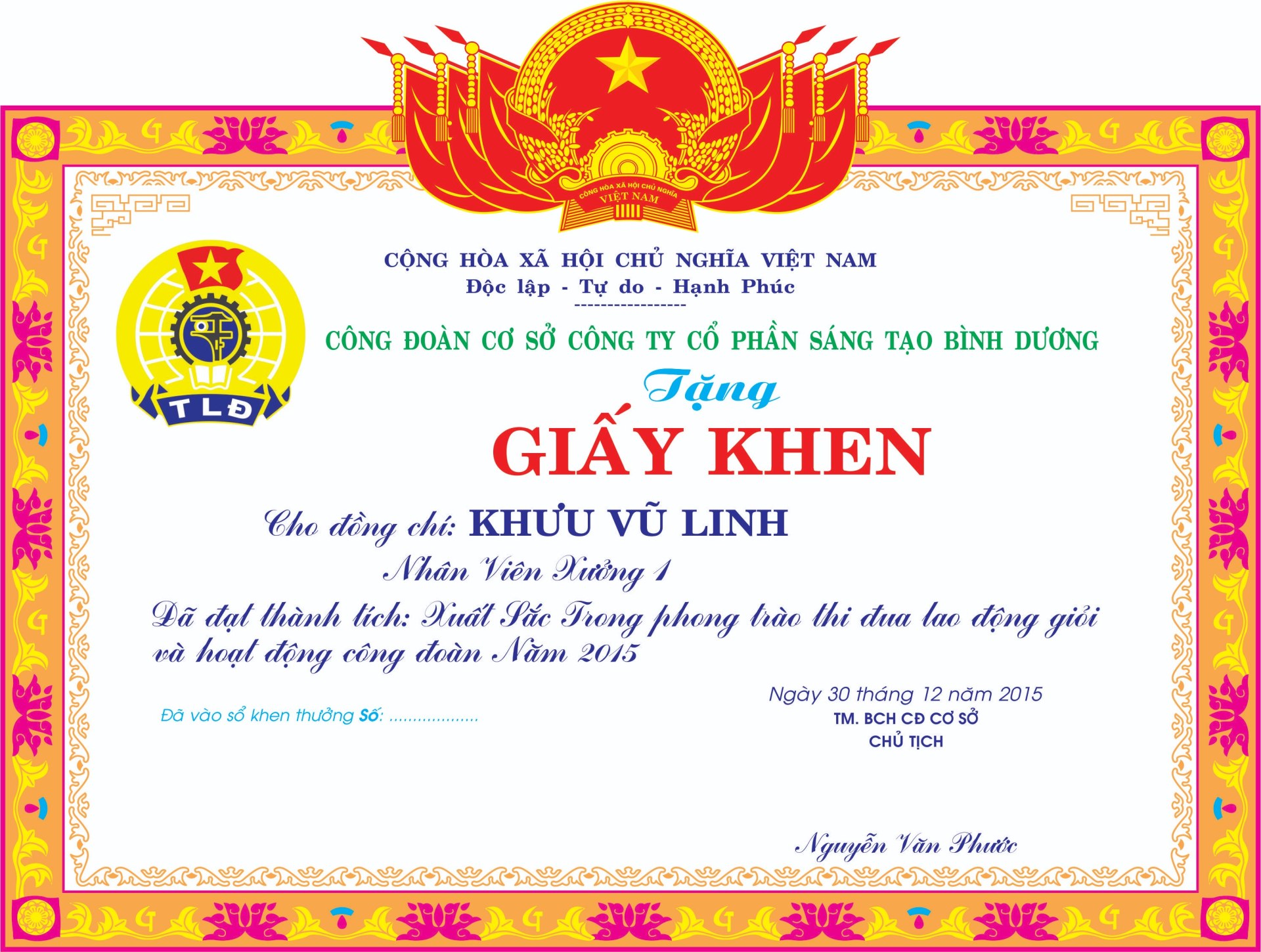 In Giấy Khen Theo Yêu Cầu